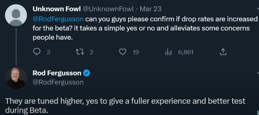 tweet sur le drop rate de la béta de diablo 4