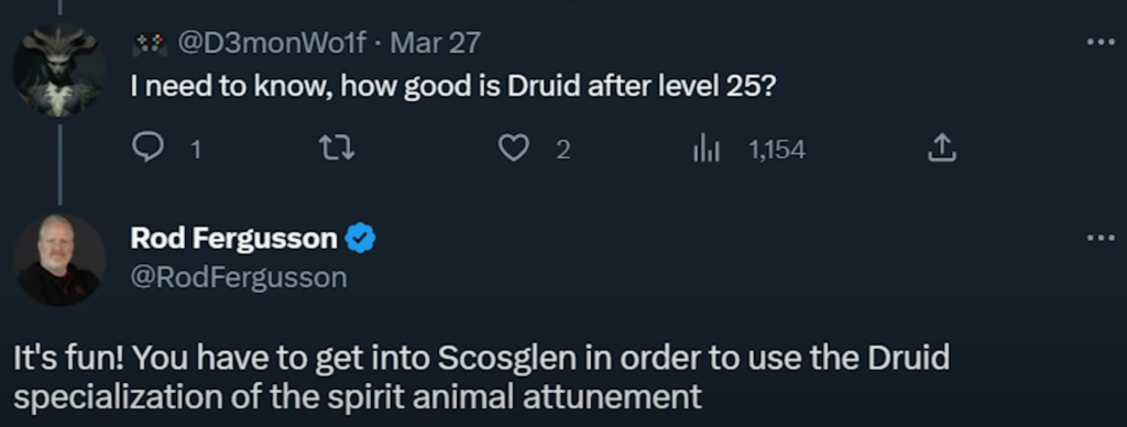 tweet de rod fergusson qui donne son avis sur le druide de diablo 4