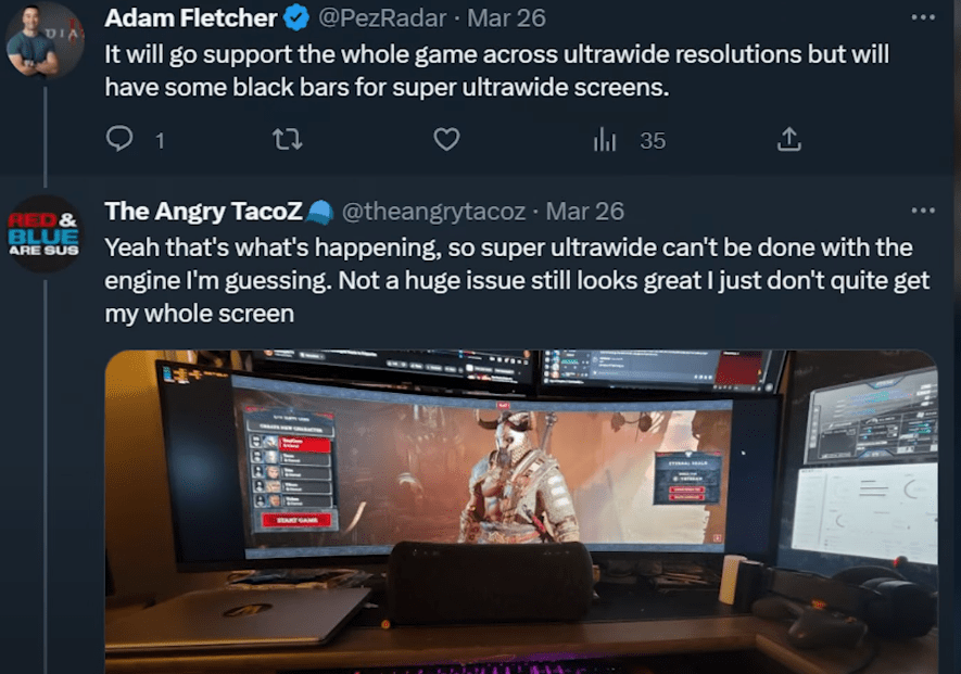 tweet de adam fletcher qui explique le bug de l'écran large