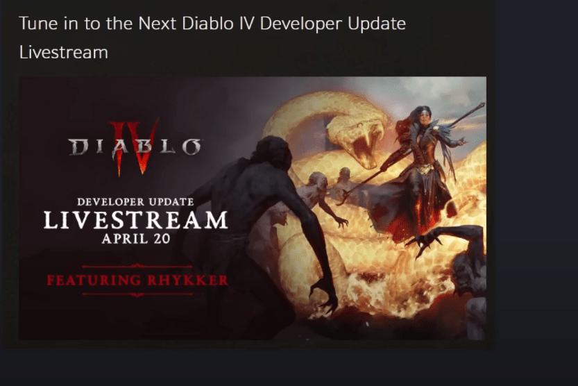 La date du prochain live de blizzard sur Diablo 4 pour le 20 Avril 2023