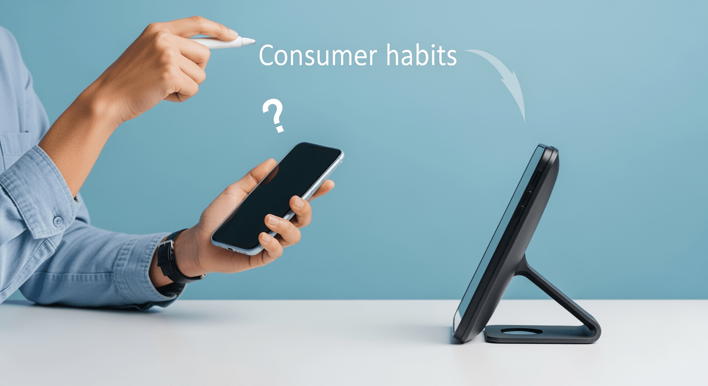 Personne hésitant entre smartphone et nouvel appareil tech