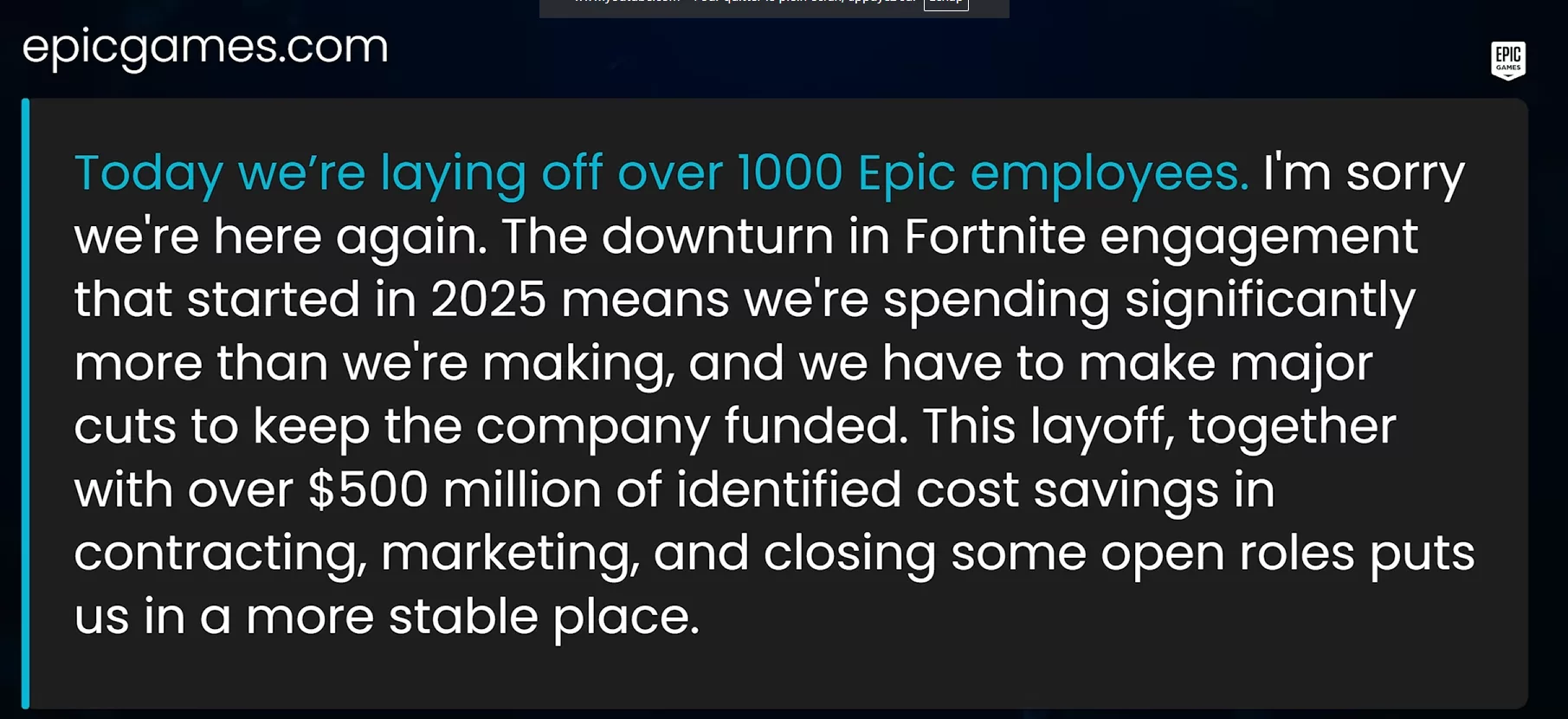 Communiqué officiel Epic Games annonçant le licenciement de 1 000 employés