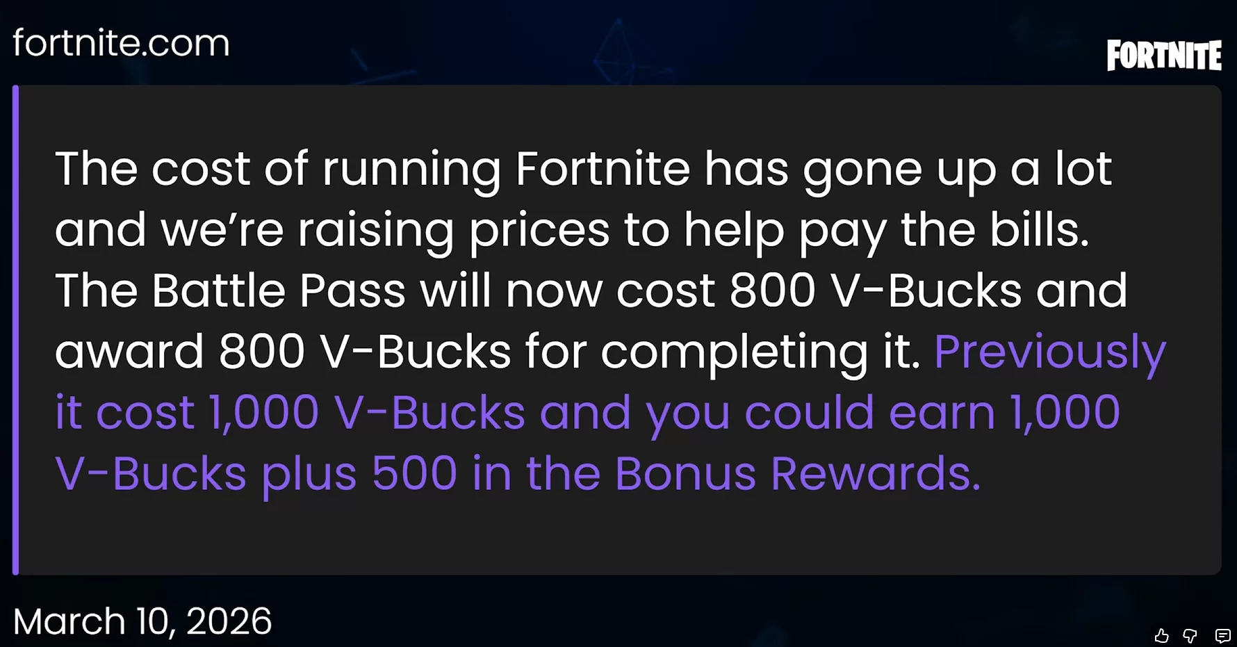 Annonce Fortnite sur la hausse du prix des V-Bucks et du Battle Pass
