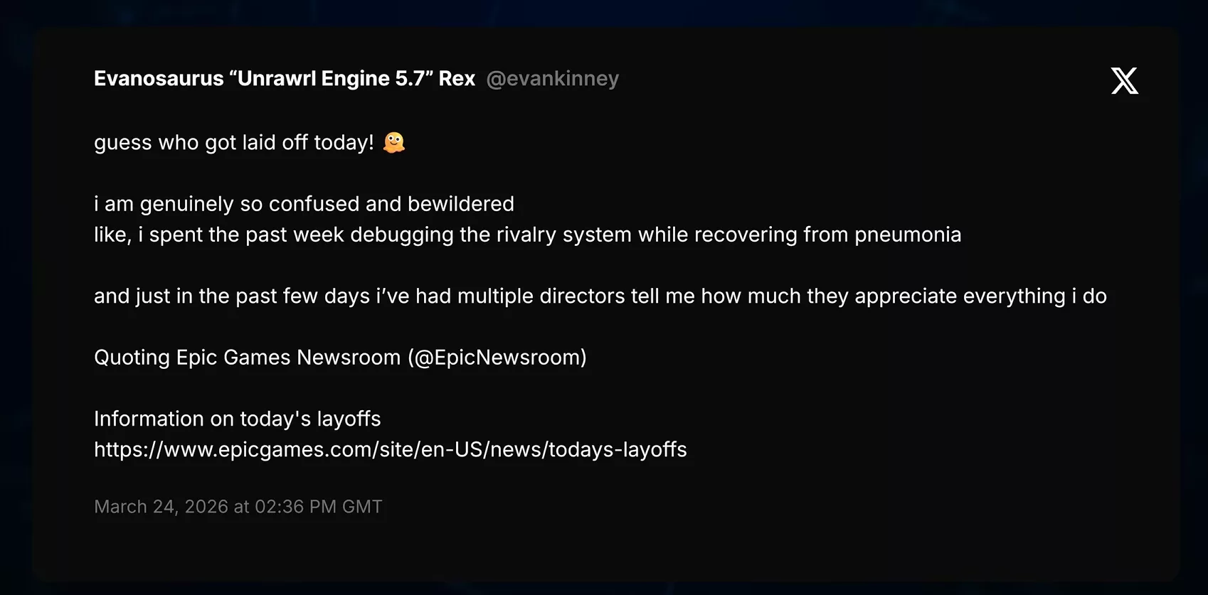 Tweet d'un développeur Epic Games licencié exprimant sa confusion