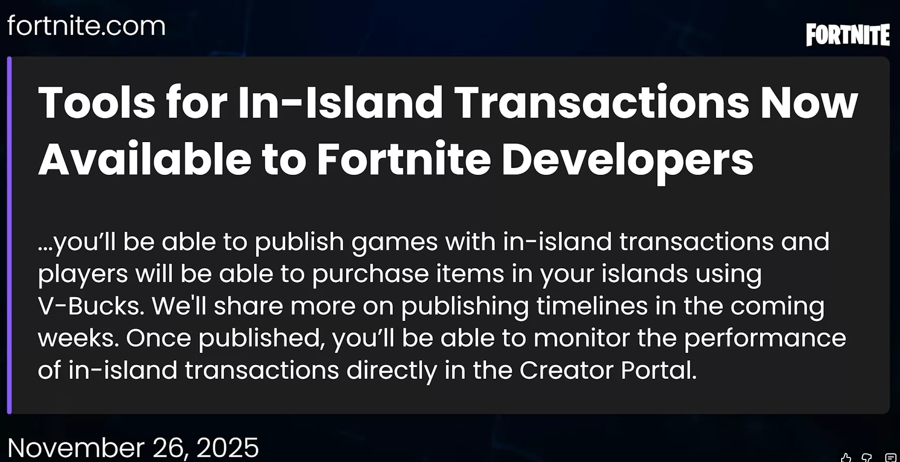 Annonce des transactions in-island pour les développeurs Fortnite