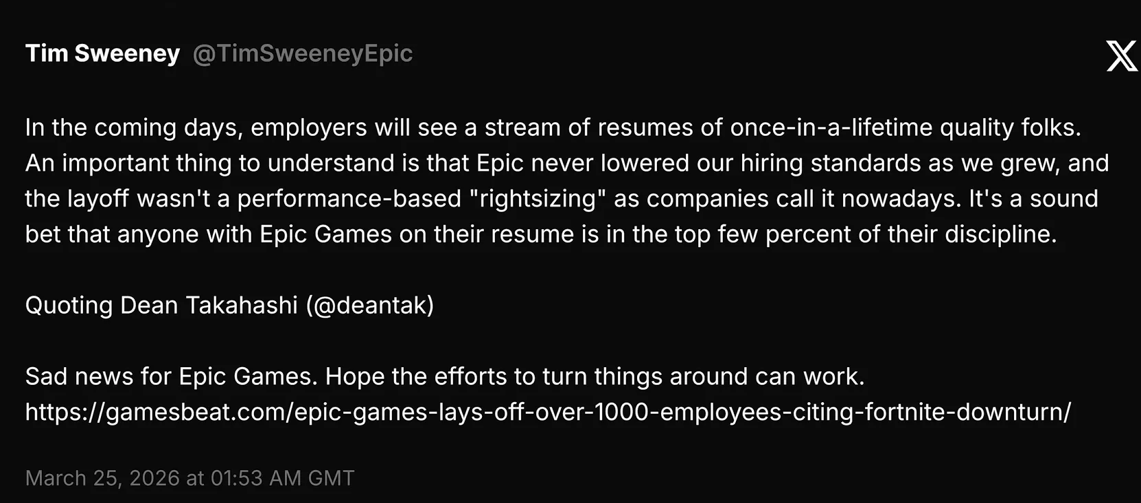 Tweet polémique de Tim Sweeney qualifiant les employés licenciés de top talents