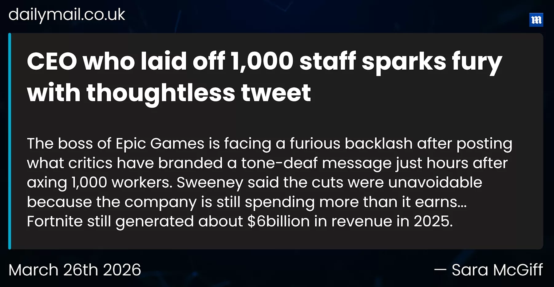 Article Daily Mail — Le PDG qui licencie 1 000 employés provoque la colère avec un tweet maladroit