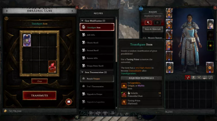 Horadric Cube gem upgrades and Rune transformations