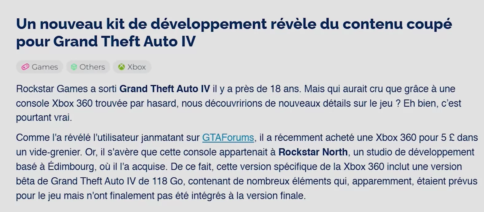 L'article révélant la découverte du dev kit Rockstar North