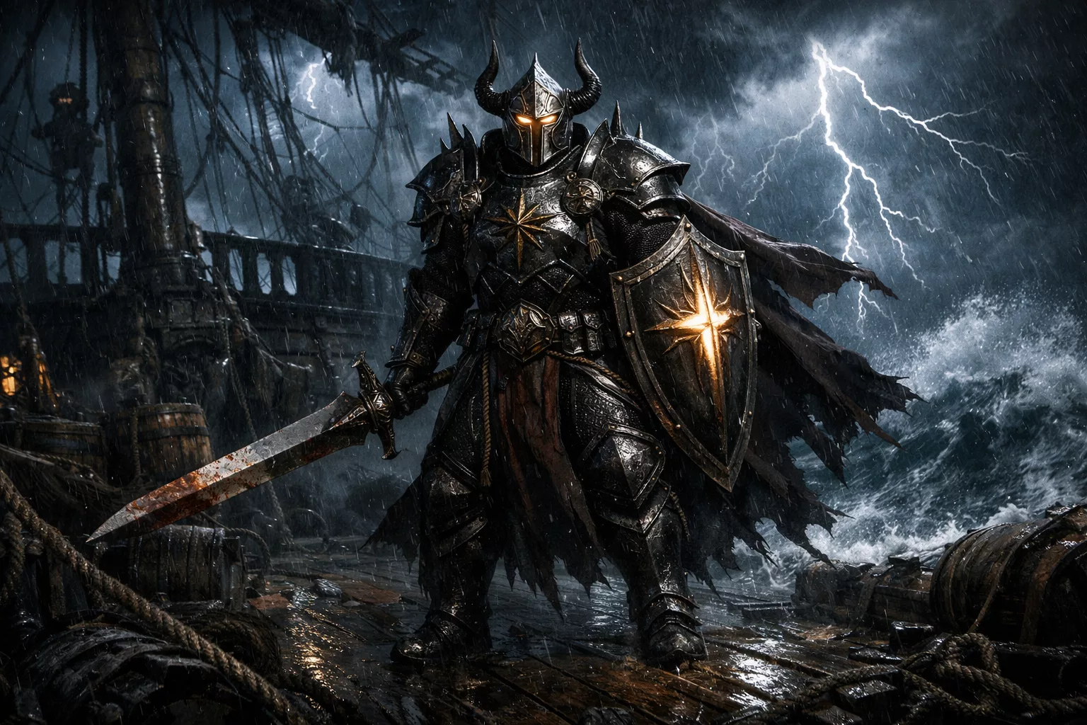 Paladin Diablo 4 Lord of Hatred sur un bateau en pleine tempĂȘte