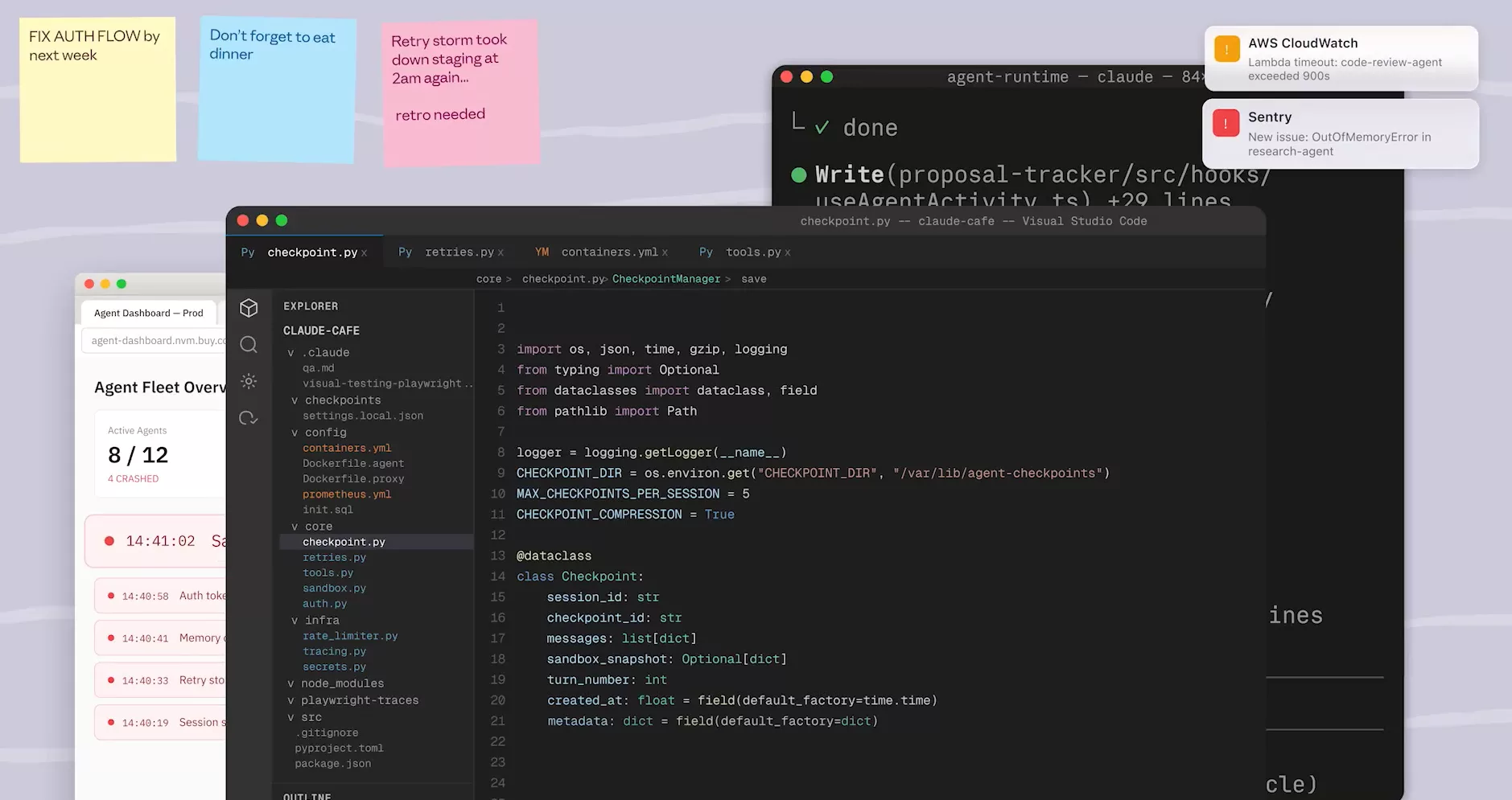 Dashboard développeur avec sticky notes de bugs — la réalité du dev d'agents