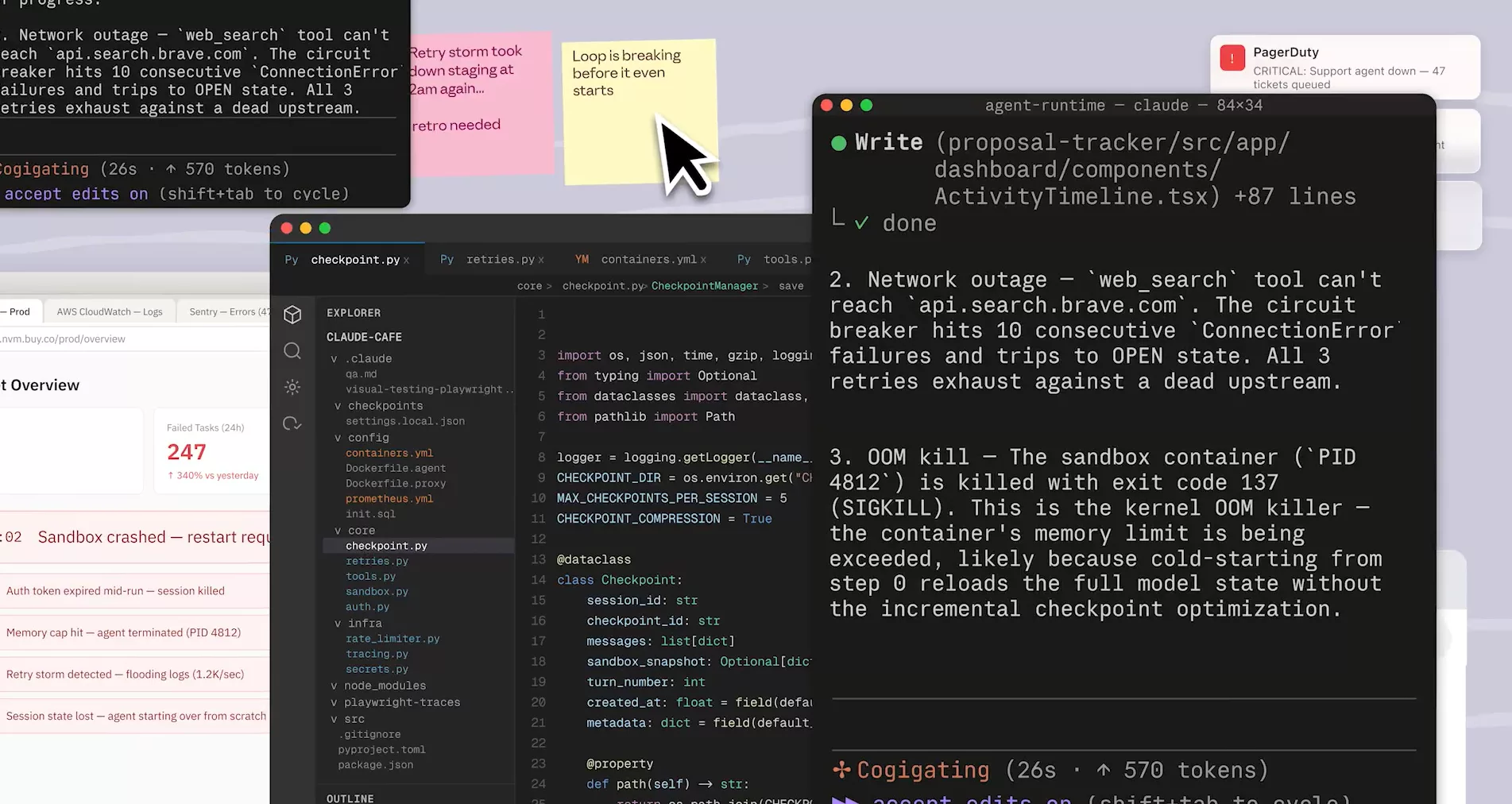 Logs d'erreurs réels : network outage, OOM kill, sandbox crash