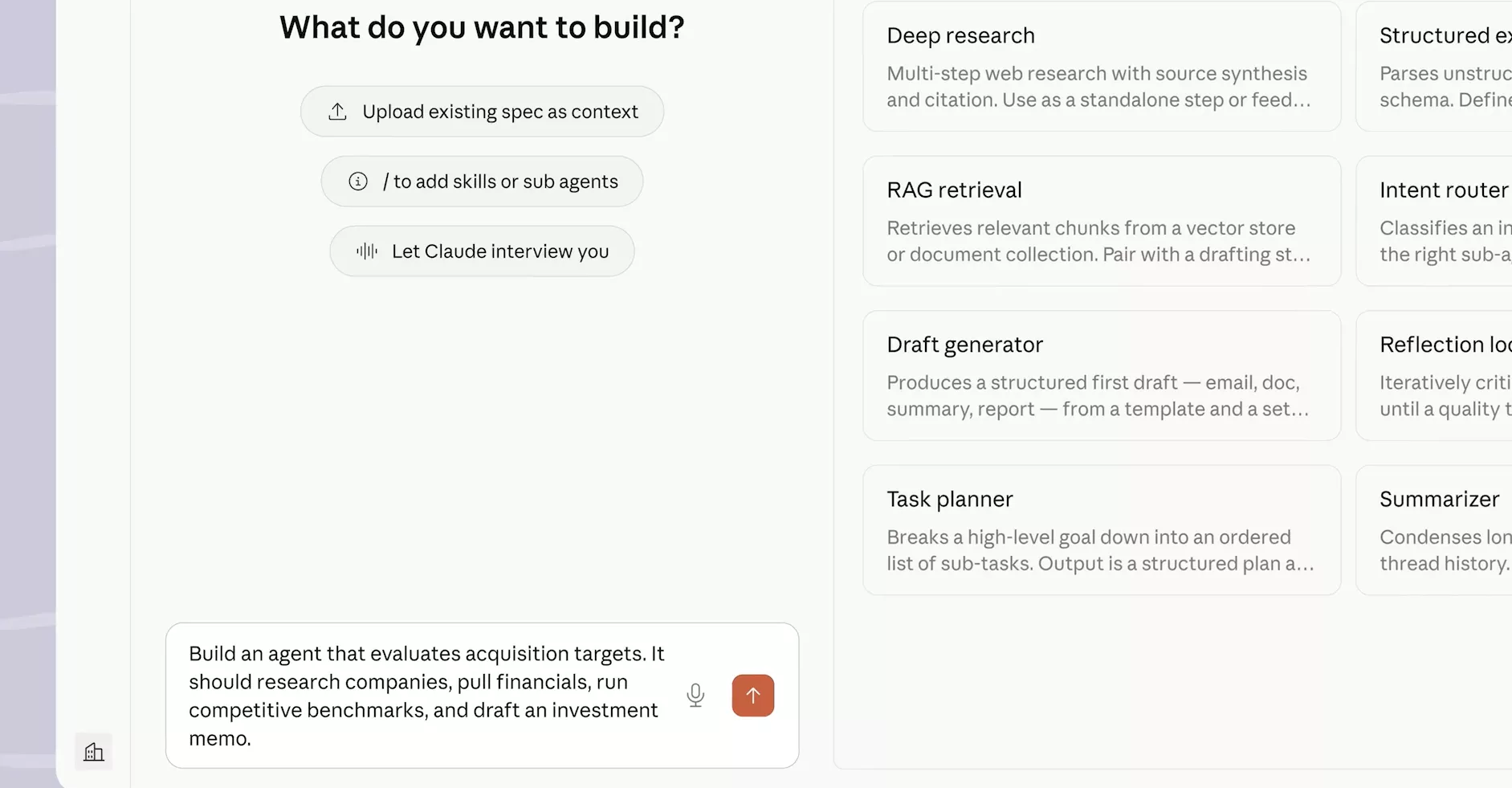 Interface de création d'agent avec les templates disponibles