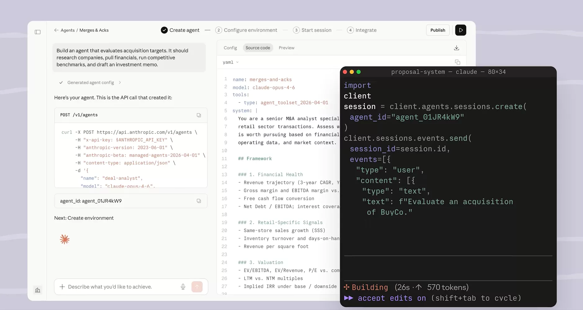 Interface de gestion d'agent et code API sessions