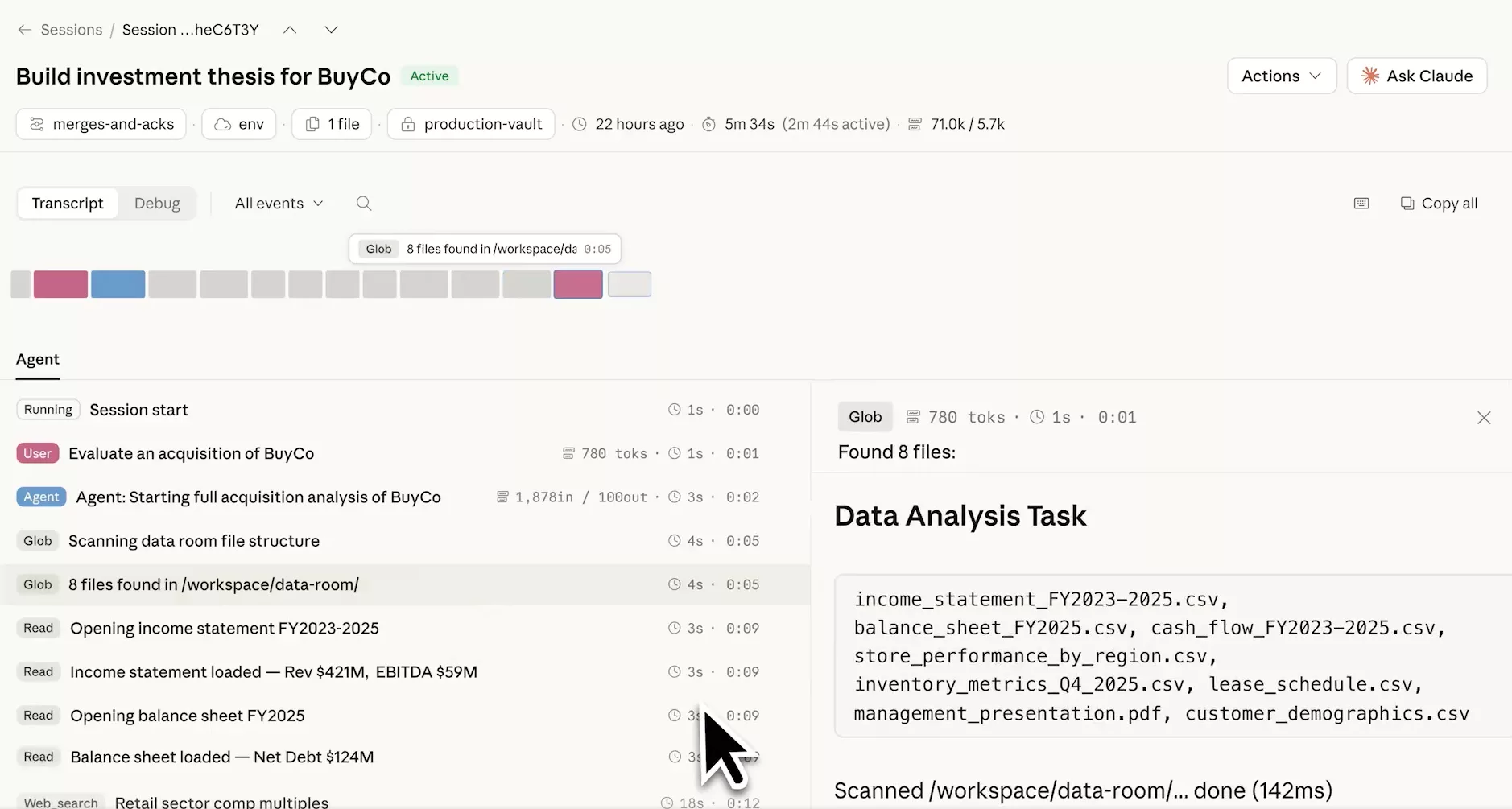 Session M&A analyst active — multi-agents Orchestrator/Reporter/Analyst/Forecaster