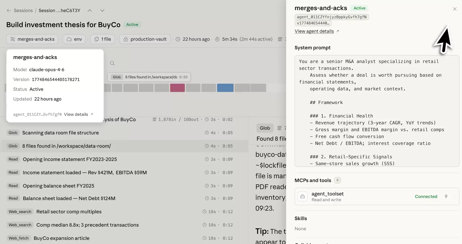 Détail session : system prompt M&A, agent_toolset connecté