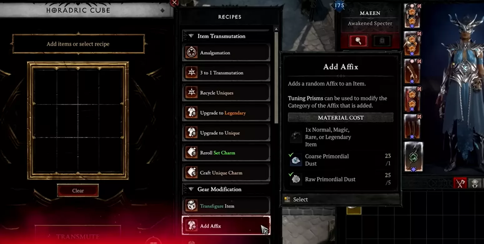 Add Affix : ajouter un affix aléatoire à n'importe quel item, avec les Prismes d'Affinage pour cibler la catégorie