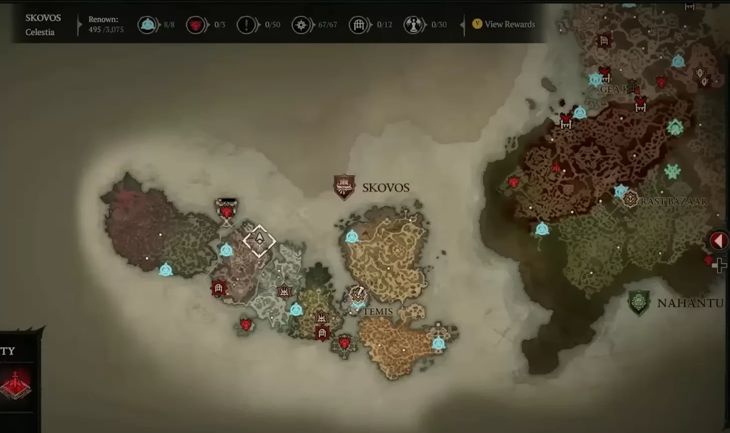 La carte complète de Skovos avec ses différentes zones