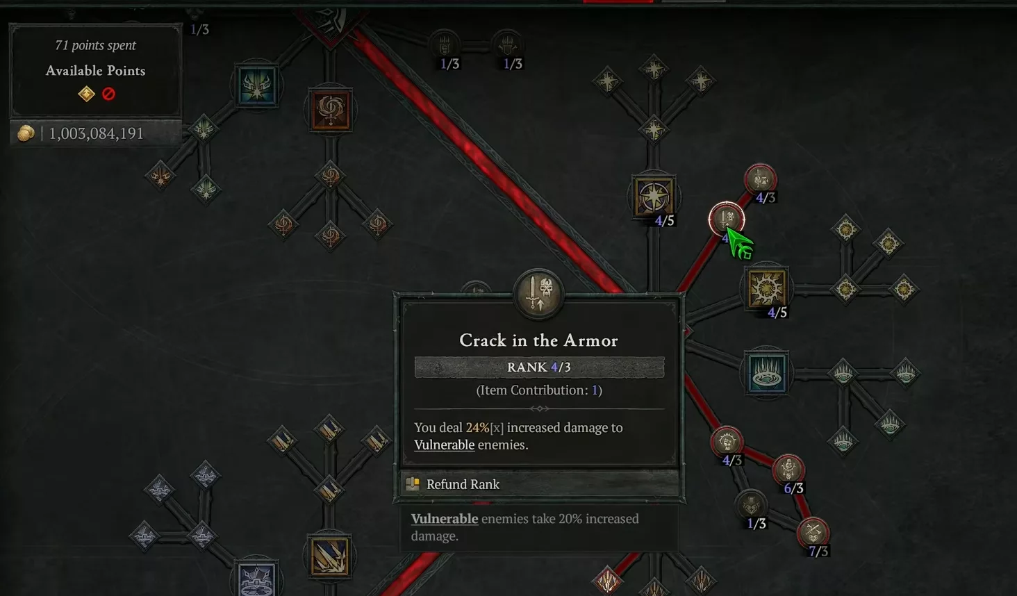 Arbre de compétences avec le passif Crack in the Armor