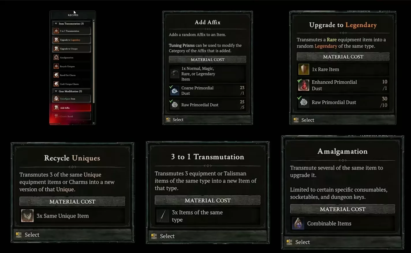 Vue d'ensemble des recettes du Cube Horadrique