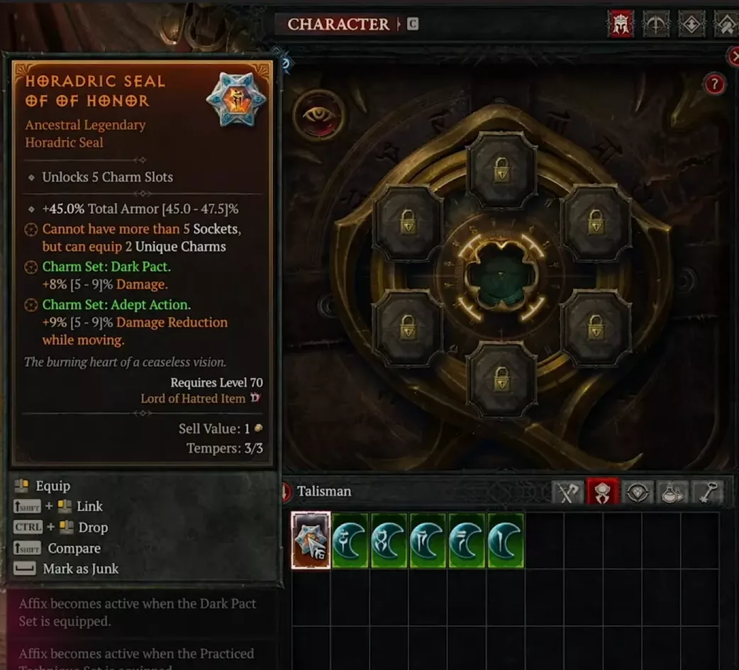 Interface du Talisman avec le Sceau Horadrique et les emplacements de charmes
