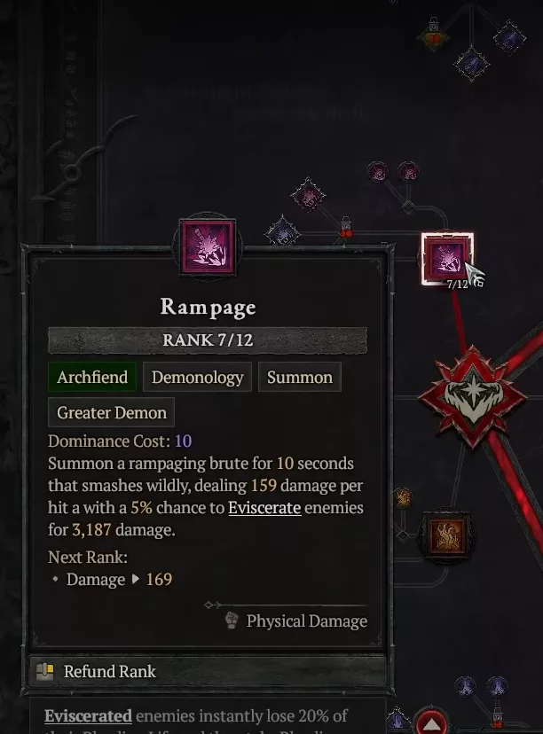 Example of the Rampage spell in the new skill tree