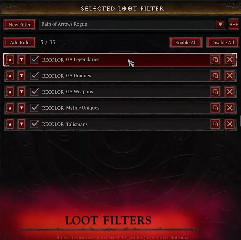 Loot filter system in Lord of Hatred