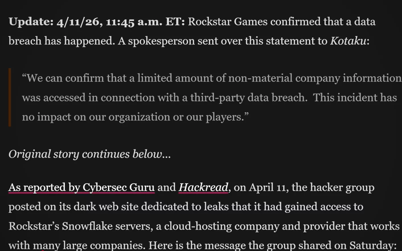 Rockstar Games confirme la fuite de donnees aupres des medias