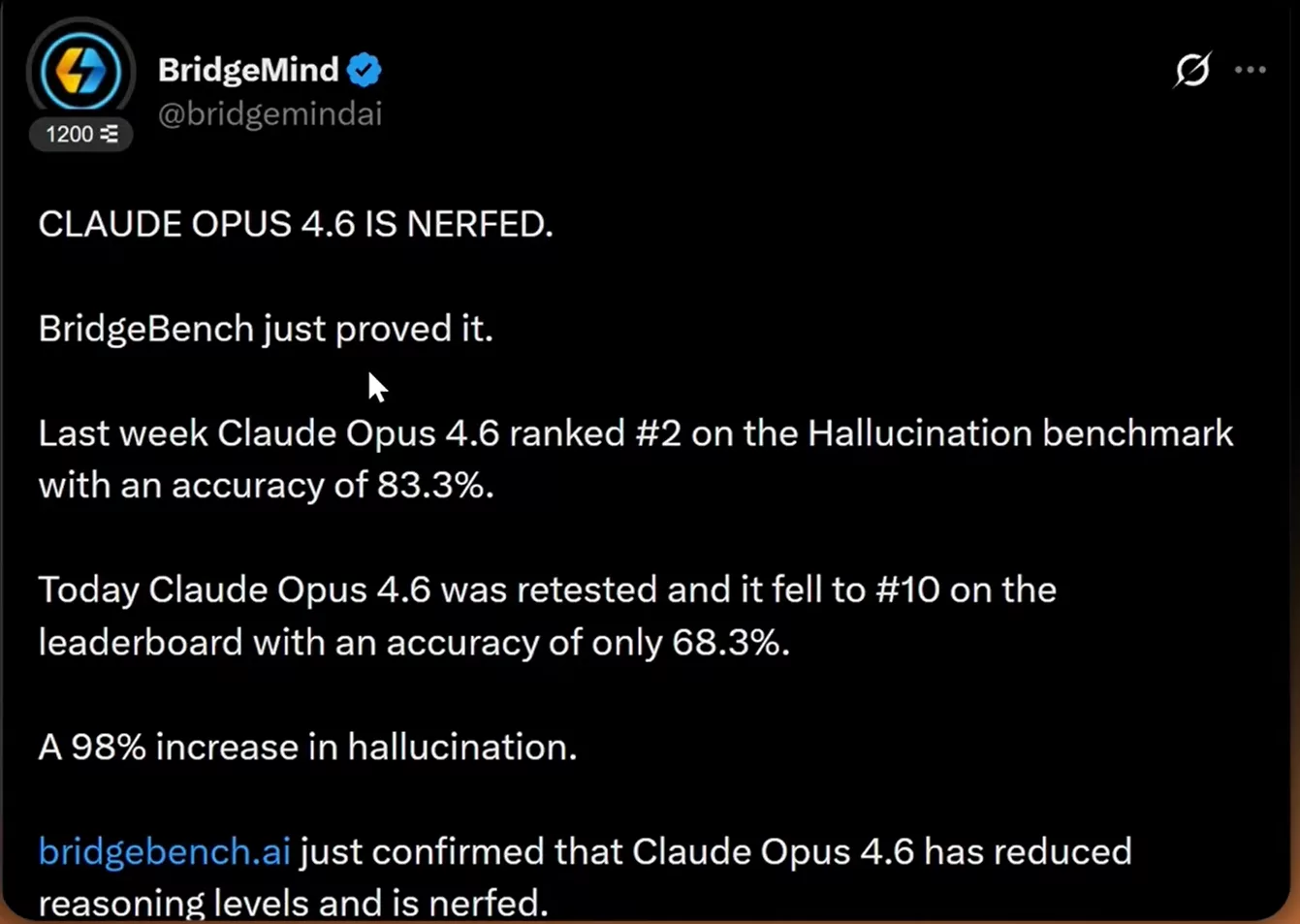 Tweet dénonçant un Claude 4.6 nerfed