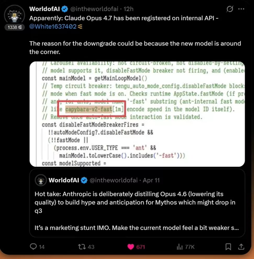 Références internes à Claude Opus 4.7 dans l'API