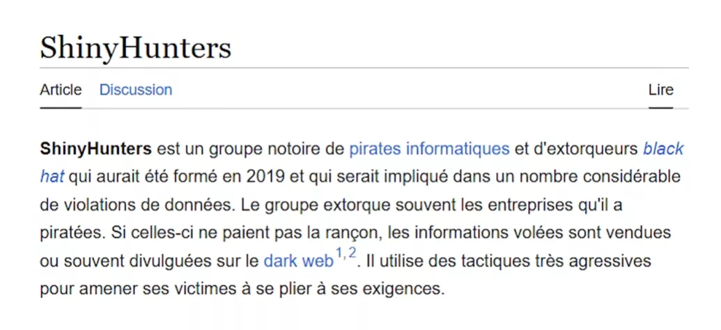 Page Wikipedia des ShinyHunters, groupe de pirates informatiques actif depuis 2019