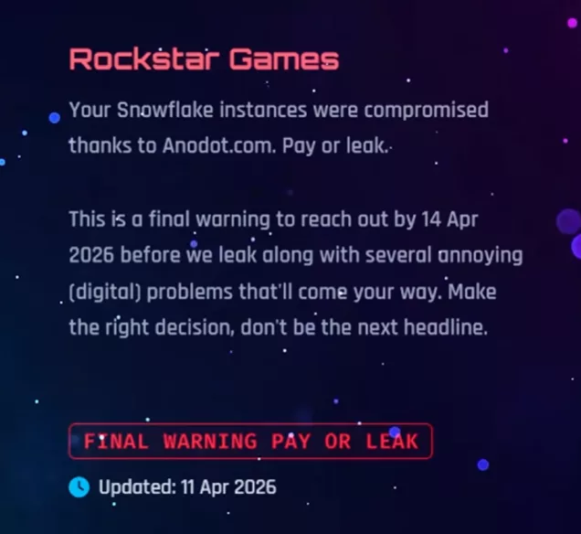 Message des Shiny Hunters publié le 11 avril 2026 sur leur site du dark web, menaçant Rockstar Games d'une fuite de données