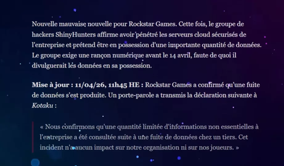 La déclaration officielle de Rockstar confirmant la fuite de données