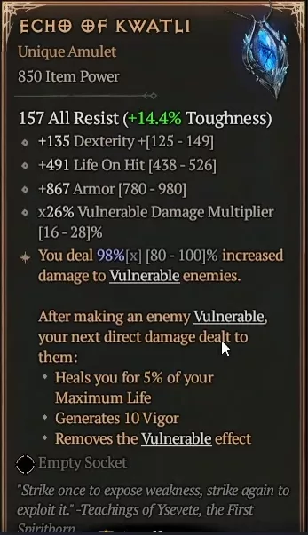 Echo of Kwatli unique amulet Spiritborn