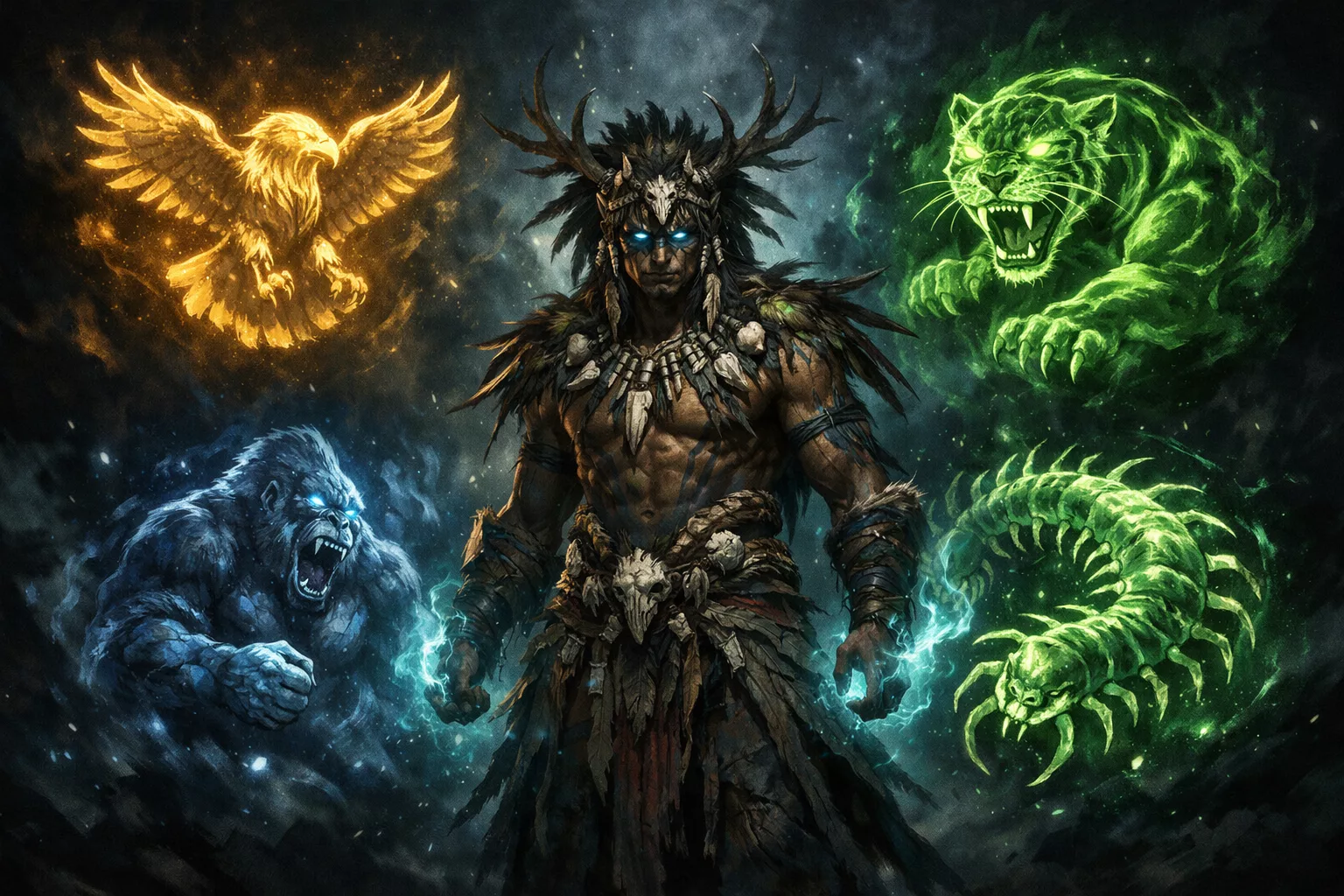 The four Spiritborn spirits: Eagle, Jaguar, Gorilla, Centipede