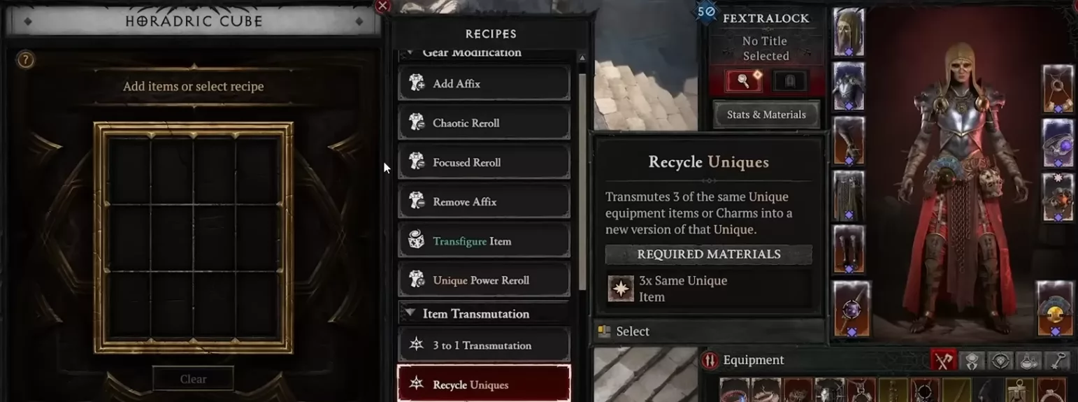 Cube Horadrique Diablo 4 — interface de crafting avec recettes et Prisme Kullean