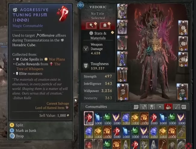 Interface du Cube Horadrique avec les matériaux et recettes dans Diablo 4