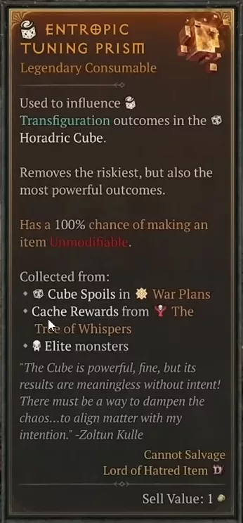 The Entropic Tuning Prism reduces Transfiguration risks in Diablo 4