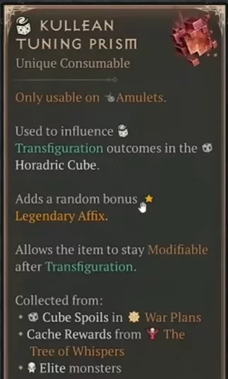 The Kullean Tuning Prism exclusive to amulets in Diablo 4 Lord of Hatred