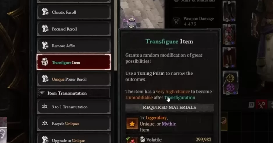 Transfiguration recipe in the Horadric Cube in Diablo 4