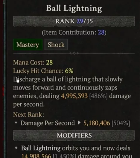 Tooltip Sphère foudroyante (Ball Lightning) Sorcière D4 S13 : RANK 29/15 avant hotfix Blizzard