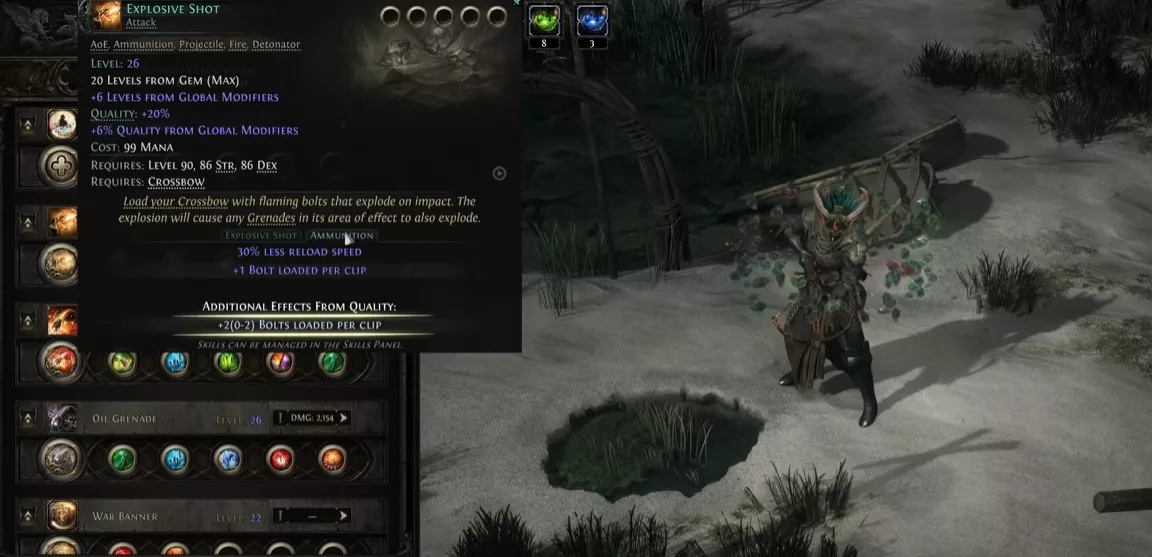 Explosive Shot tooltip with extended magazine thanks to Advanced Thaumaturgy quality