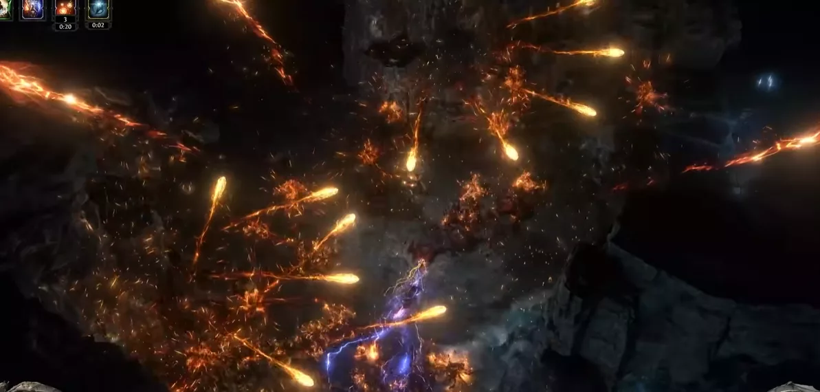 Fireball boosted by Advanced Thaumaturgy: a ring of 10 explosive projectiles that re-explode on contact