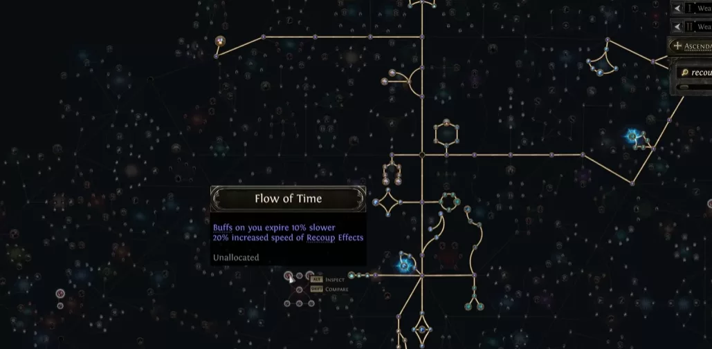 Nœud passif Flow of Time avec vitesse de Recoup sur l'arbre principal de Path of Exile 2
