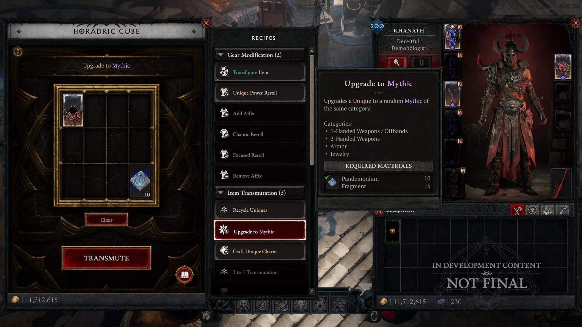 Un objet mythique unique forgé via le cube horadrique dans Diablo 4