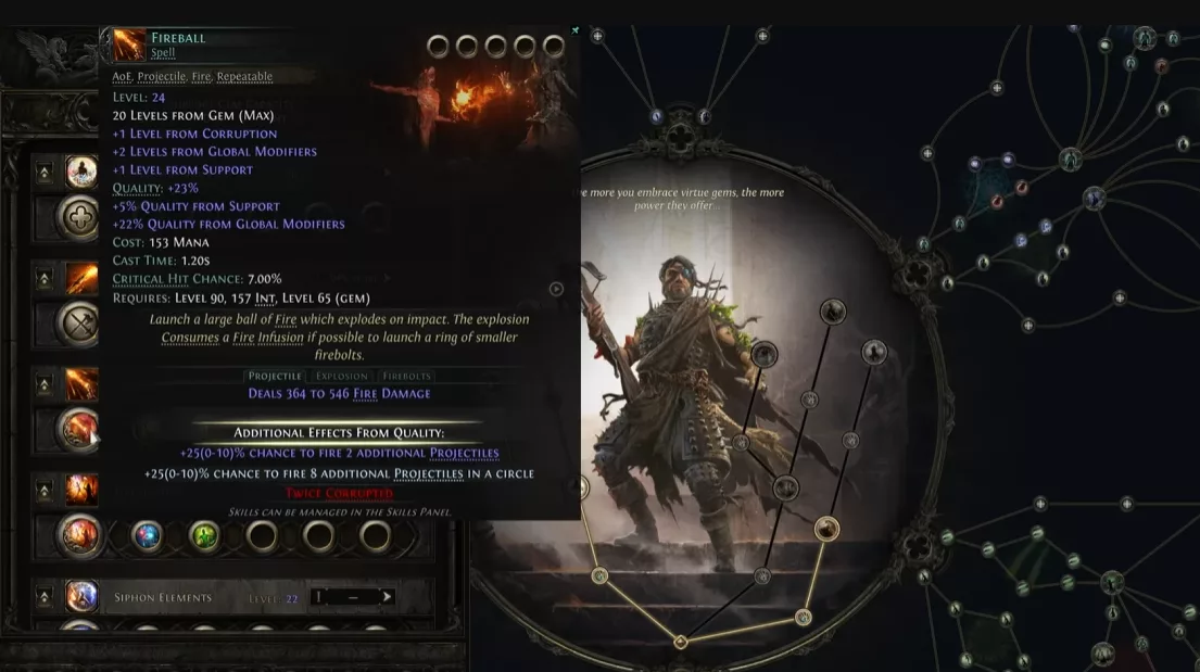 Socketed gem tooltip showing its contribution to Virtuous Barrier