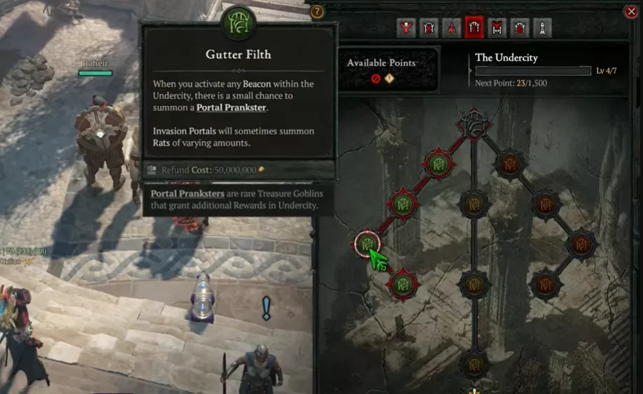 Kurast Undercity talent tree setup, left path tier 4, to maximize Portal Pranksters and bonus chests for Diablo 4 mythic items