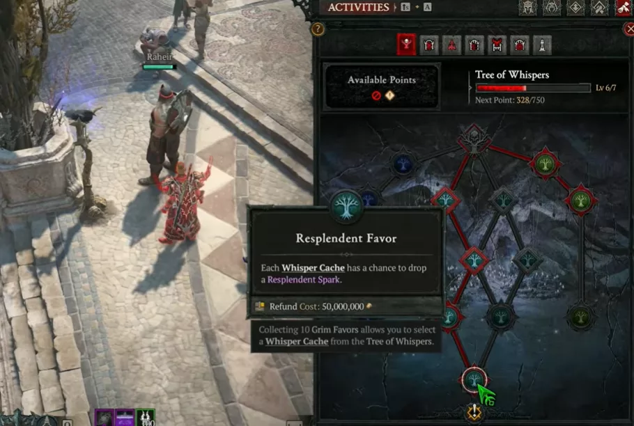 The Tree of Whispers talent tree with the central path unlocked to obtain Resplendent Sparks for crafting Diablo 4 mythic items