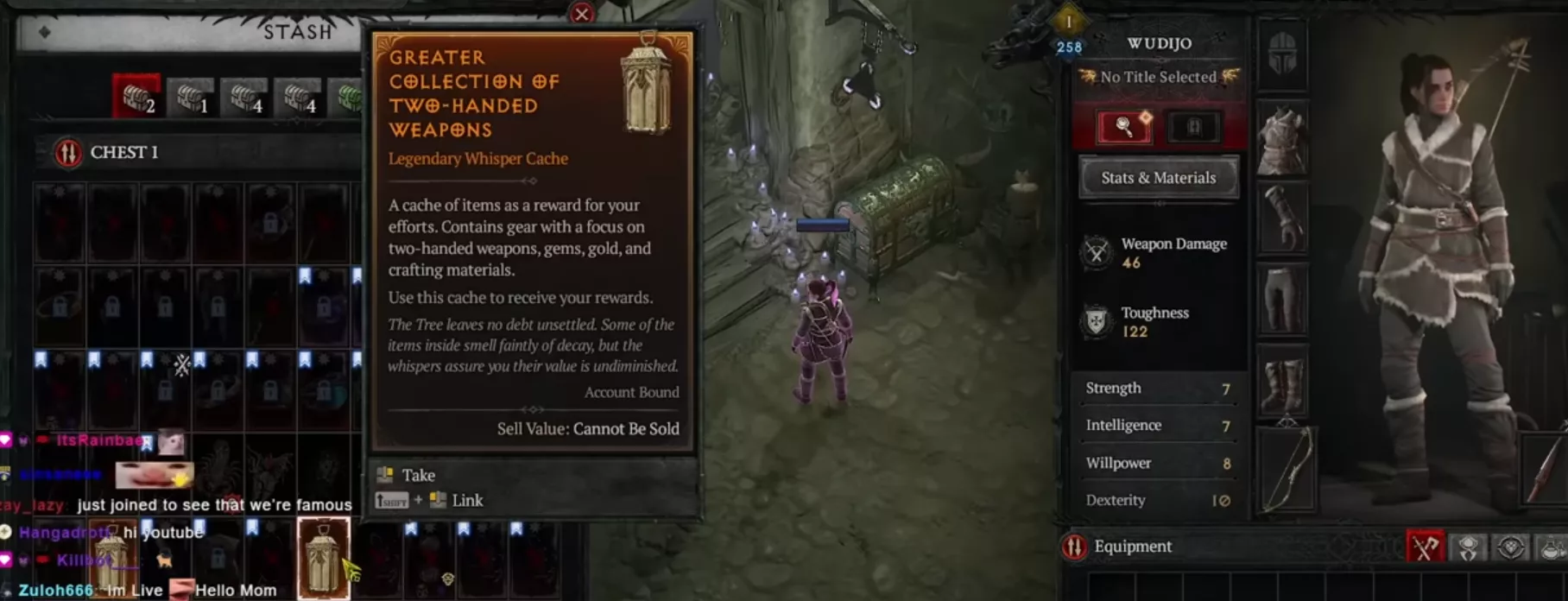 Shared stash showing whisper caches ready to be picked up by an alt for a Diablo 4 boost alts run.