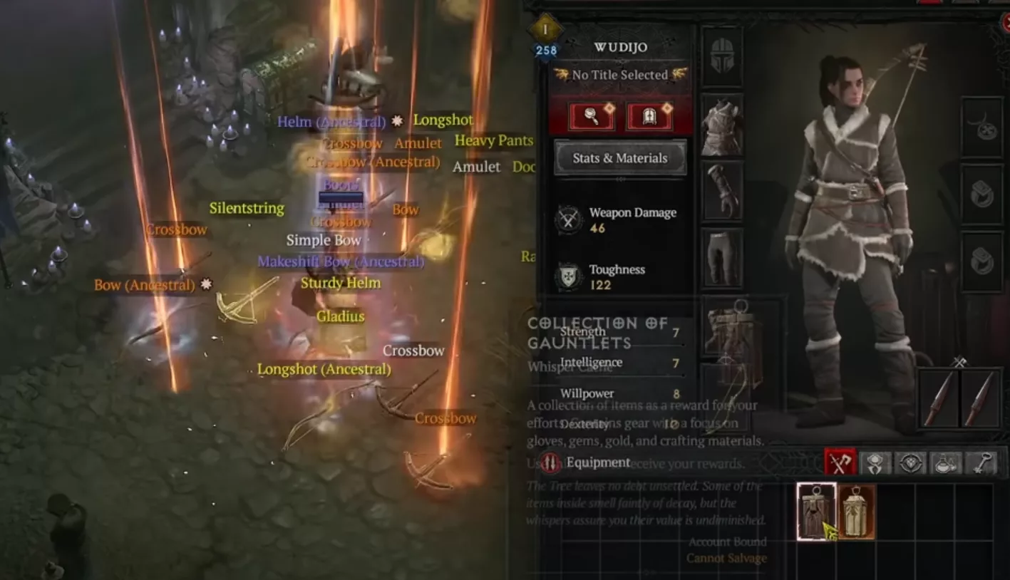 Character at level 1 before a Diablo 4 boost alts run using whisper caches